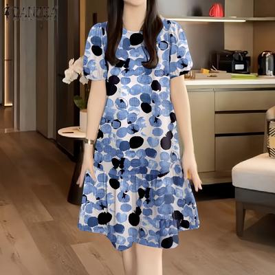 Womens Summer Round Neck Short Sleeve Casual Print Dress