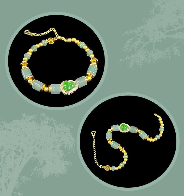 Exquisite Green Gourd Jade Bracelet - Chinese Style, Light Luxury, Gold-Plated Beads, Long-Lasting Color