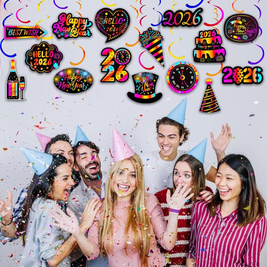 2026 Happy New Year Hanging Swirls New Years Party Decorations New Years Eve Ceiling Swirls Happy New Year Hanging Streames for Colorful New Year