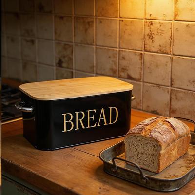 Metal Bread Box Keeper Storage Container Retro for Countertop with Bamboo Cutting Board Lid