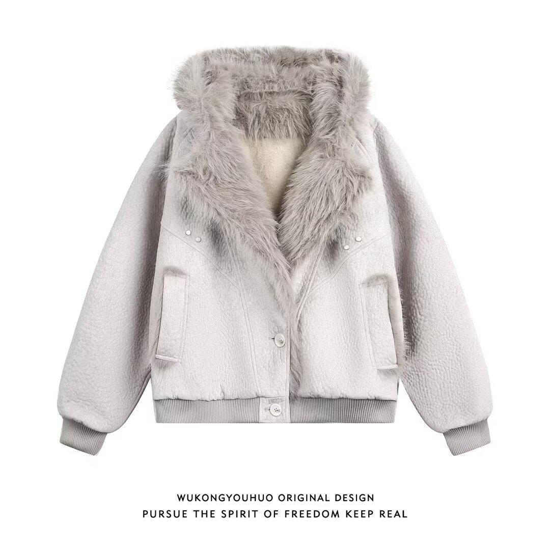 

American Mountain Carving Fur Collar Plush Thick Cotton Jacket for Men & Women, Winter Workwear, Gray 2XL абрикосовий
