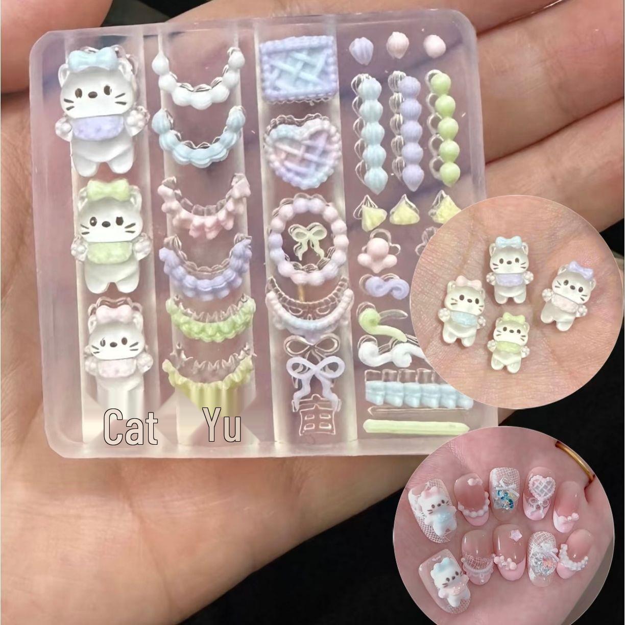 High-Transparency Cream Lace Cat Nail Art Silicone Mold - 3D DIY Nail Decoration Accessory