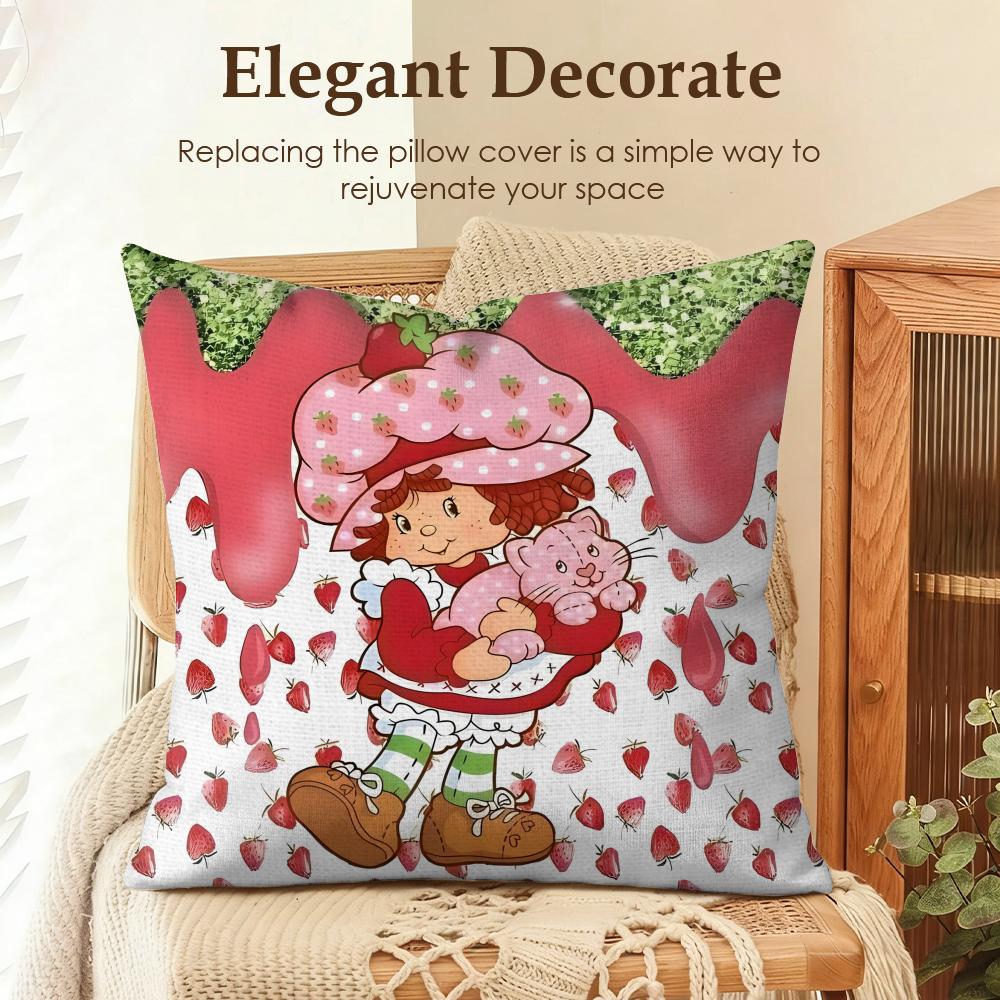 Cute SStrawberry Shortcake Cushion Cover Natural Linen Organic Fabric DoubleSided Printing Sofa Home Decor Gift Pillow Case