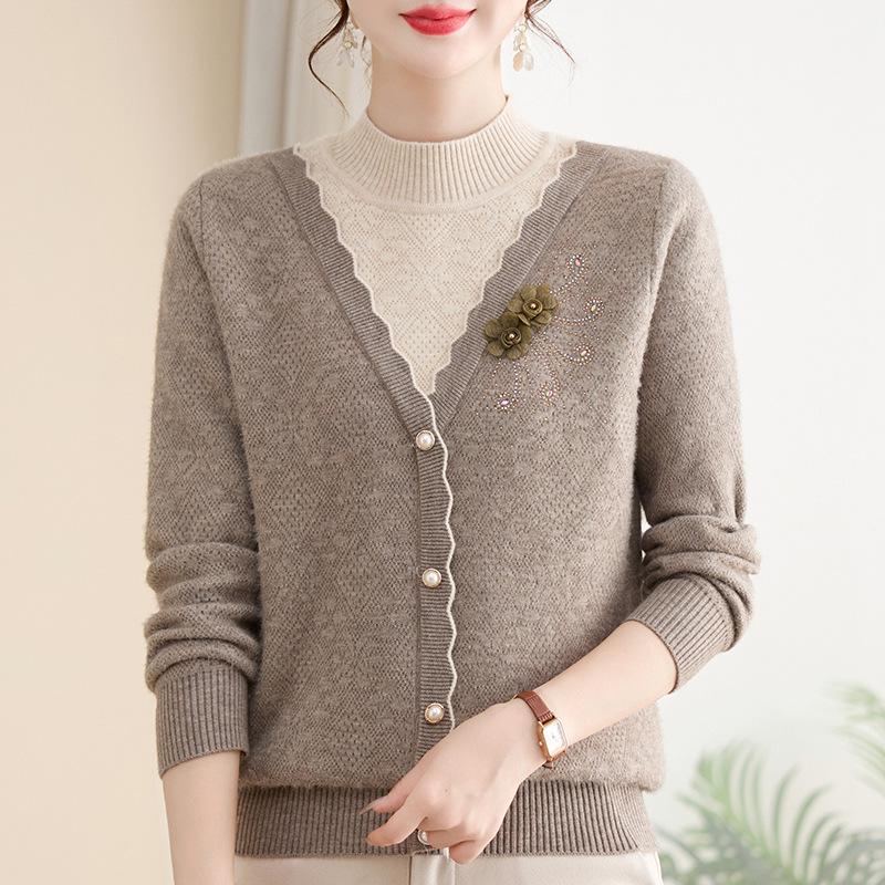 

Mom s Autumn Faux Two-Piece Fleece Sweater for Middle-Aged & Elderly Women - Plus Velvet Warm Inner Layer for Fall/Winter XL [45-52.5 kg]
