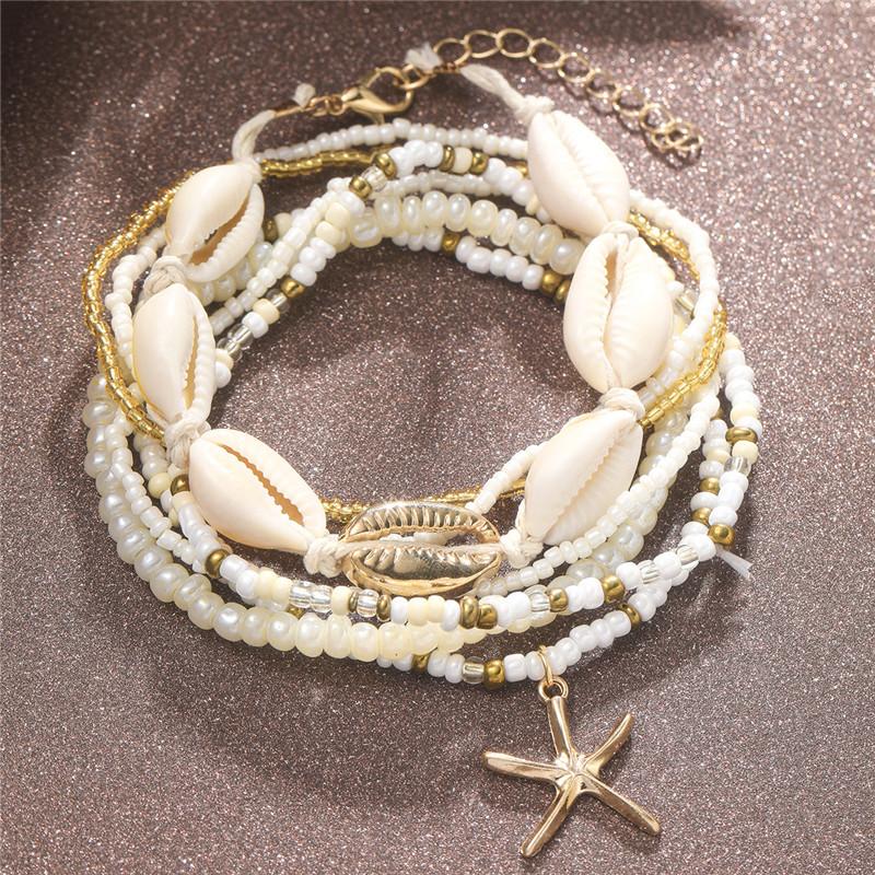 Starfish Beads Pearl Chain Anklet Set for Women, Charm, Ankle Bracelet On the Leg, Handmade Jewelry, Gifts, Summer, Beach, Fashi
