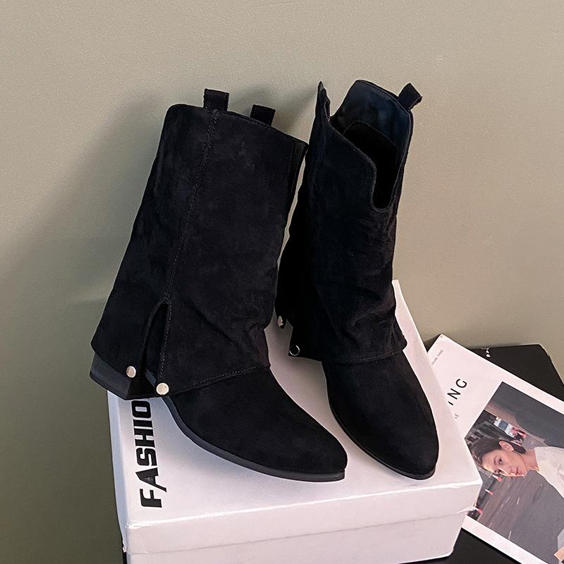 Thick heel pointed trousers boots fried street one pedal small short boots women's 2025 autumn and winter new brown western cowboy boots