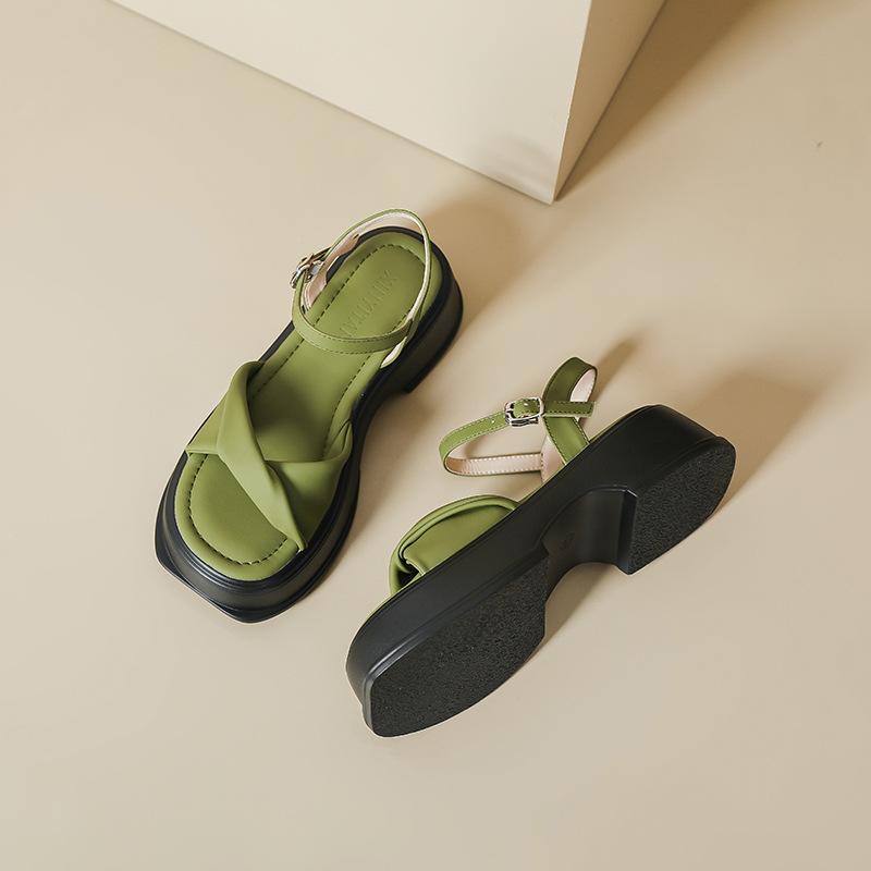 

Sandals women s summer thick-soled heightening one-word buckle Roman shoes white with skirt soft-soled outer wear flat-soled beach shoes 40