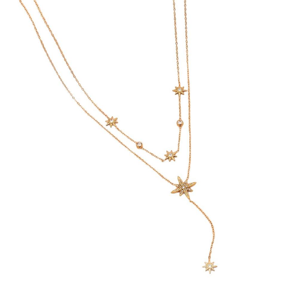 Long Y-shaped stainless steel necklace with eight-pointed star pendant, elegant clavicle chain jewelry