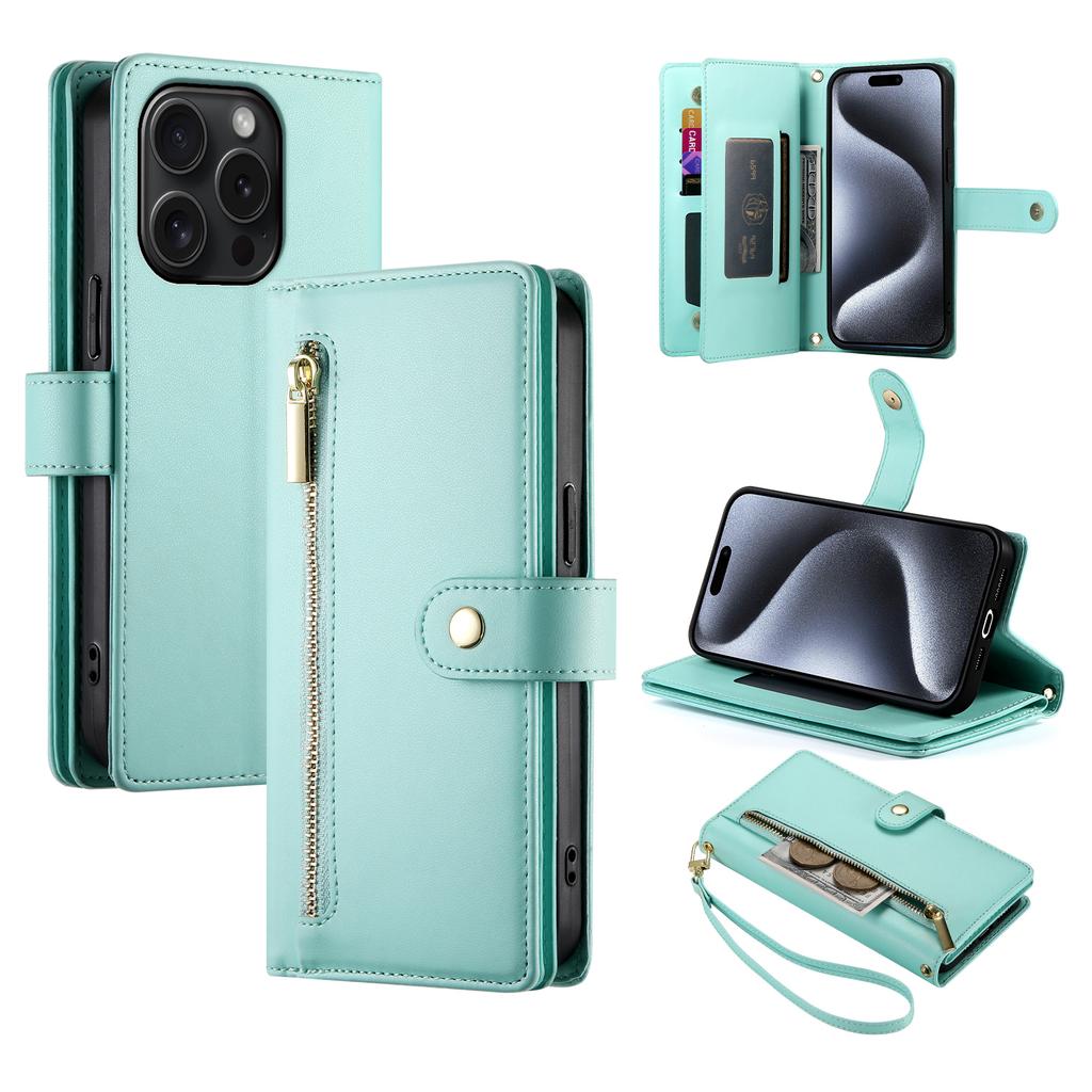 DF-011 For iPhone 15 Pro Case Zipper Leather Phone Cover with Shoulder Strap and Hand Strap