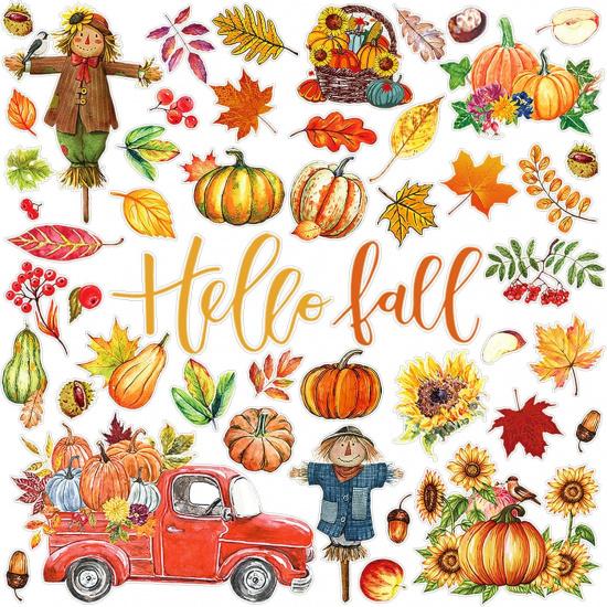 2 Sheet 64 Pcs Thanksgiving Gel Window Clings Fall Thick Gel Cling Removable Reble Autumn Harvest Window Sticker Pumpkin Maple Leaves Gnome Decal for