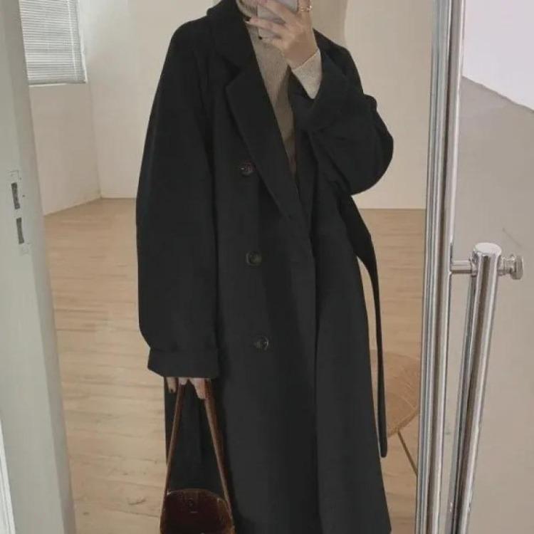 Women's Woolen Coat Mid Length Hepburn Style Autumn Winter Loose Thickened Small Size 2024