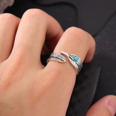 Western Turquoise Rings for Women Adjustable Green Stone Feather Ring Retro Open Ring for Mom Wife Daughter