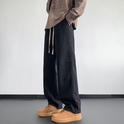 Spring and Autumn Male Elastic Waist Classic Straight-leg Denim Wide-leg Pants Straight Leg Loose High Street Pants Men's Baggy Jeans