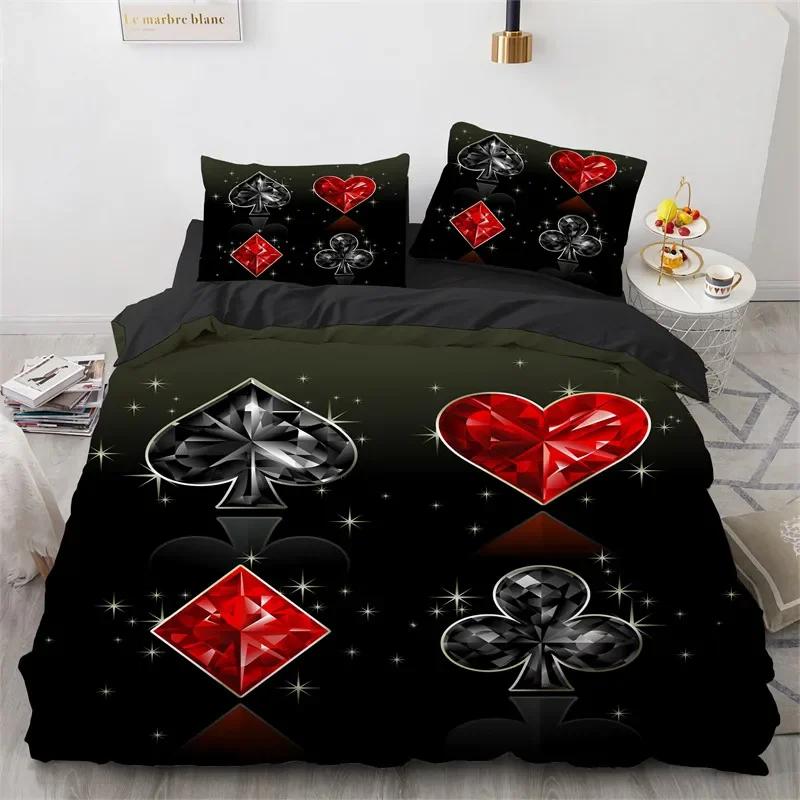 Poker Bettwäsche King Twin Kartenspiel Bettwäscheset Mikrofaser Gamer Spielende Deckenbezug Jungen Retro Spiel Rot Schwarz Bettdeckenbezug