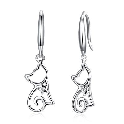Echte 925 Sterling Silber Tierliebe Niedliche Katze Hängeohrringe Silber/Gold Farbe Damen Einzigartiger Schmuck Geschenk