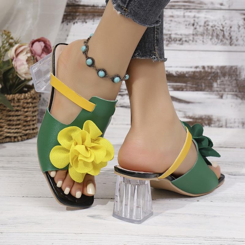 Women S French Style Flower Square Toe Chunky Heel Sandals