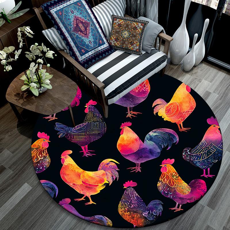 Watercolor Rooster Round Area Rug,Carpet Rug for Living Room Bedroom Sofa Playroom Decor,Non-slip Floor Mat