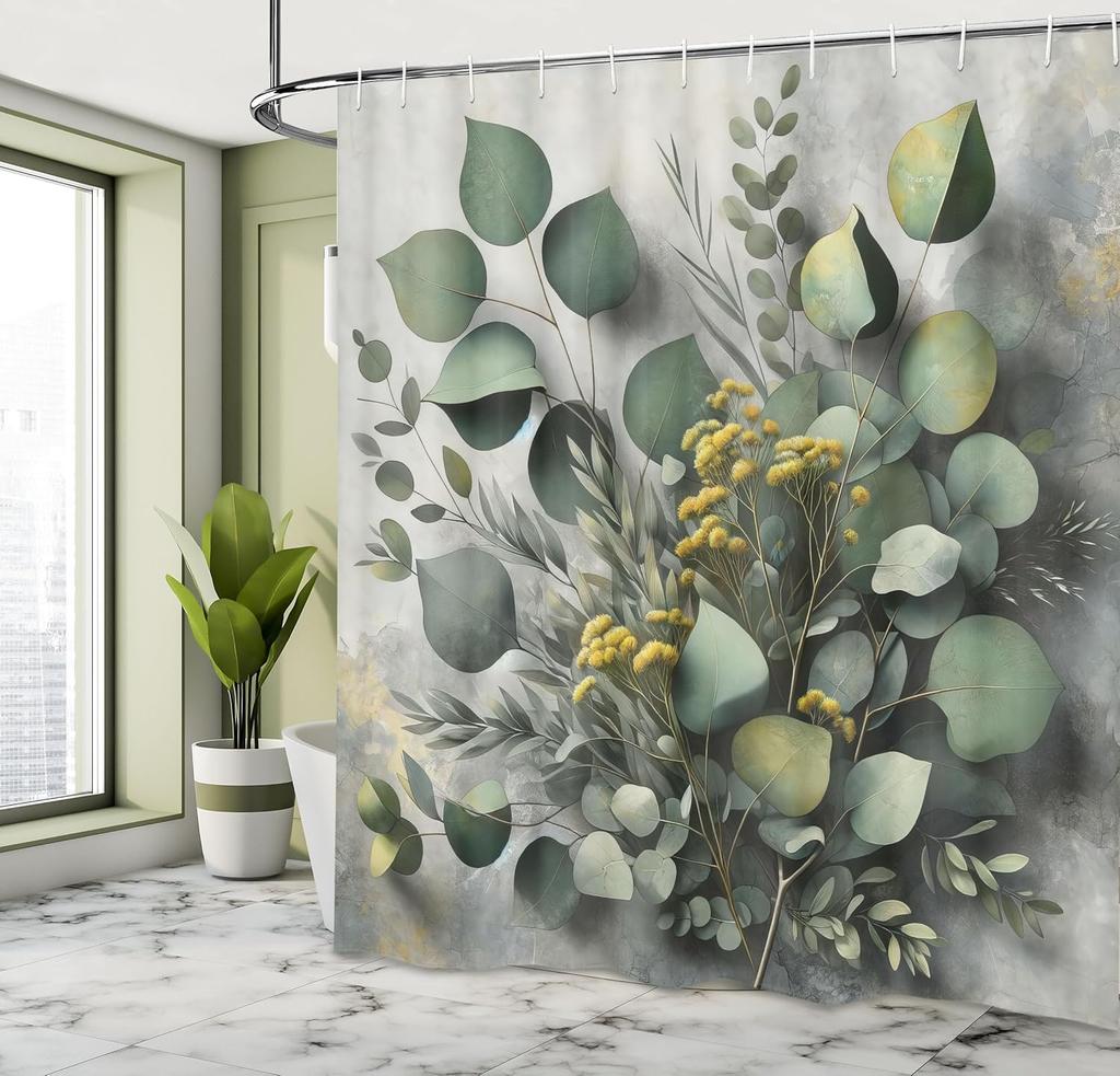 Eucalyptus Leaves Shower Curtain, Gloomy Love Of Nature On Neutral Watercolor Art Background, Cloth Fabric Bathroom De