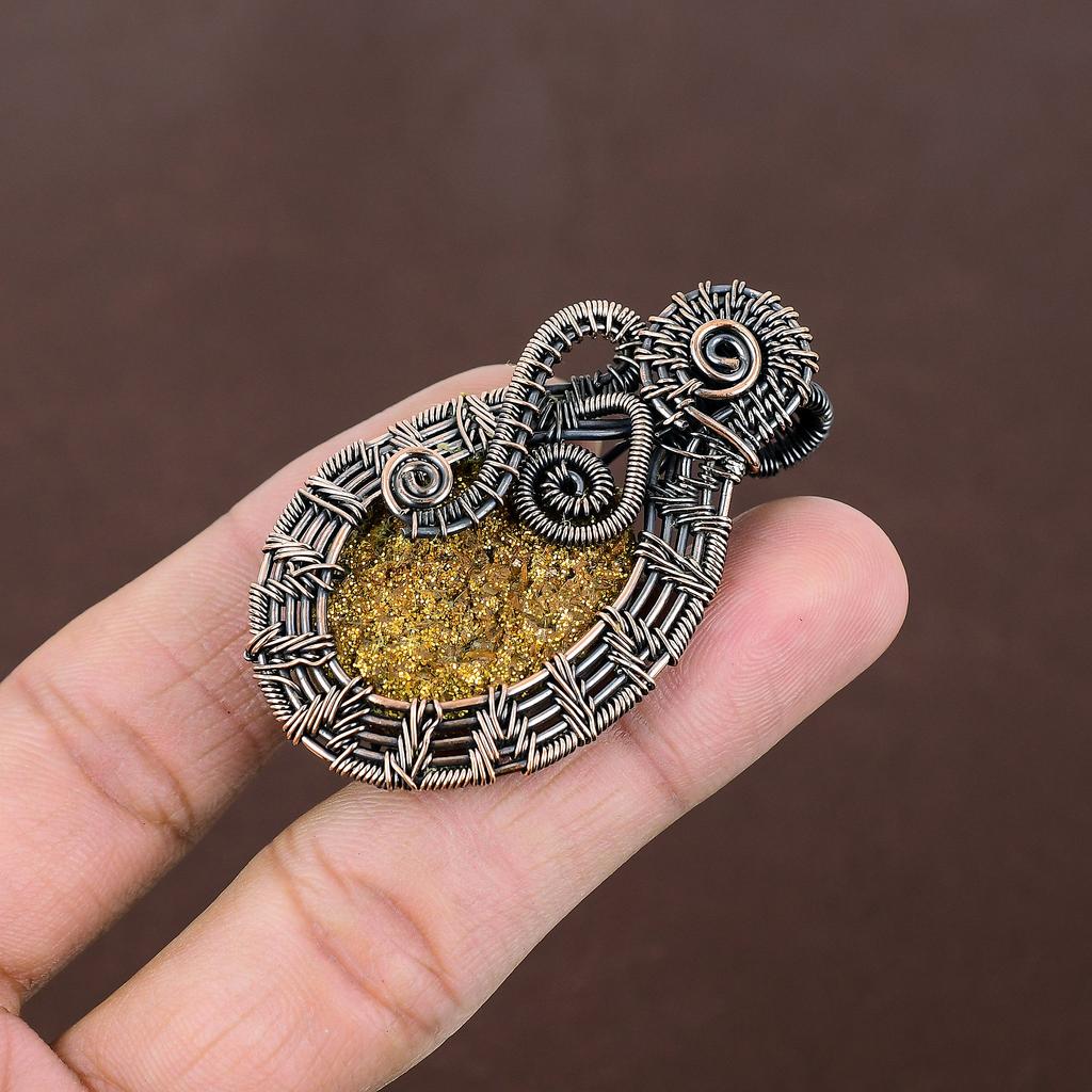 Natürlicher goldener Titan-Druzy, handgefertigter Kupferdraht-Wickelanhänger, 5,5 cm, V0w42