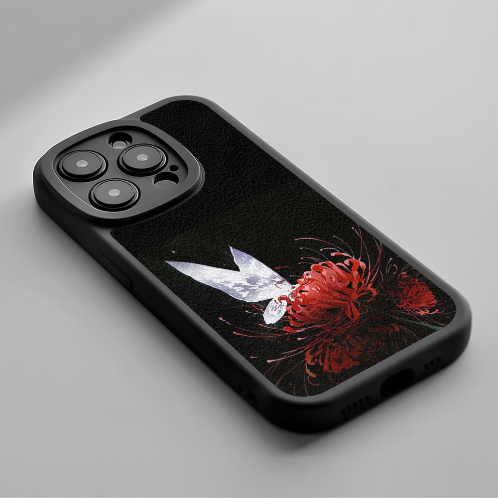 Red Spider Lily Japan Art Fashion Design Phone Case For iPhone 16 15 14 13 12 11 Plus Pro Max Lambskin Silicone Cover Black