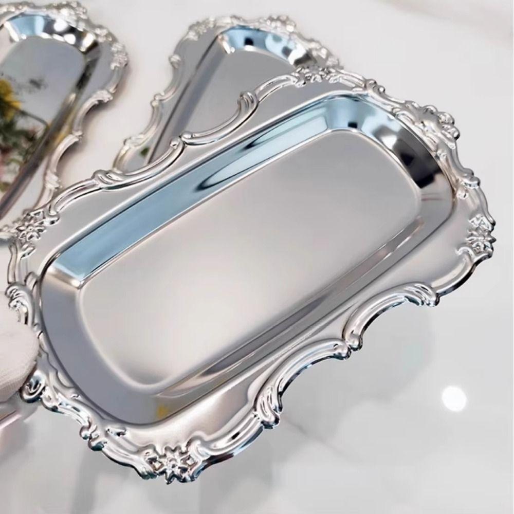 Embossed Design Retro Serving Platter Gold/Silver Jewelry Decoration Plate  Dining Table Decor