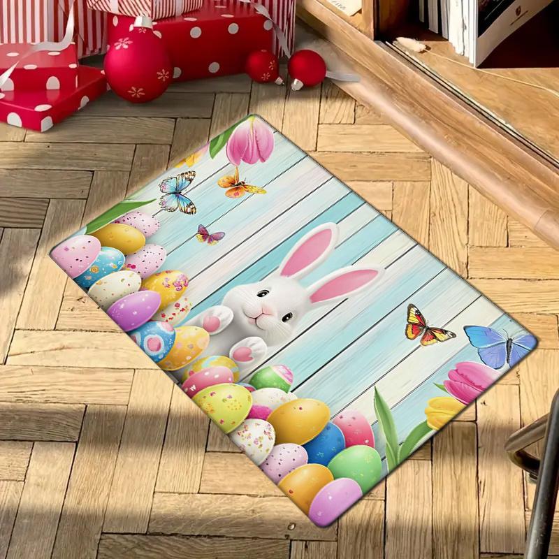 Easter Cartoon Rabbit Carpet Mat Rug with Colorful Eggs Flowers Home Porch Decoration Door Mat Festive Indoor Outdoor Floor Mat