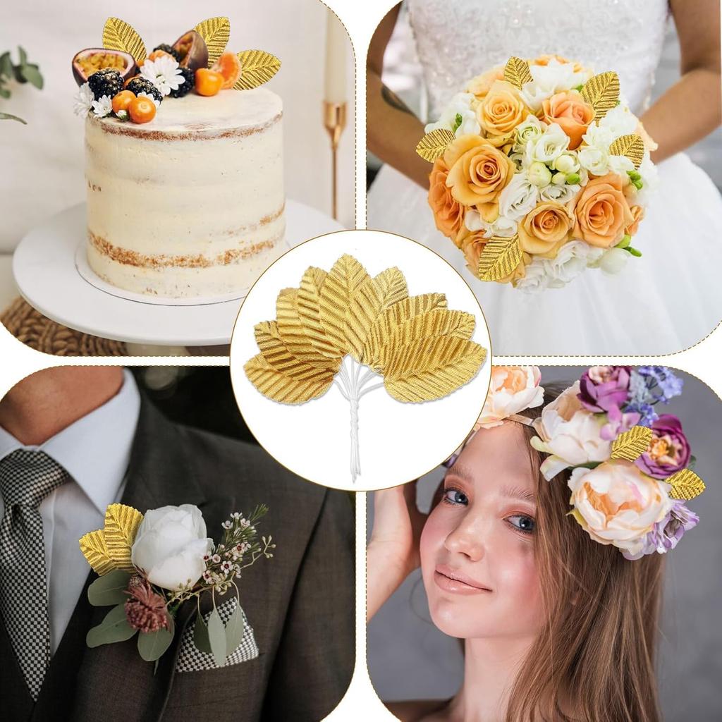 200 Piece Golden Artificial Leaves Gold Leaves with Stems Silk Leaf Crafts Leaves Faux Wired Single Leaf for Flower Bouquet Wreaths DIY Wedding Party