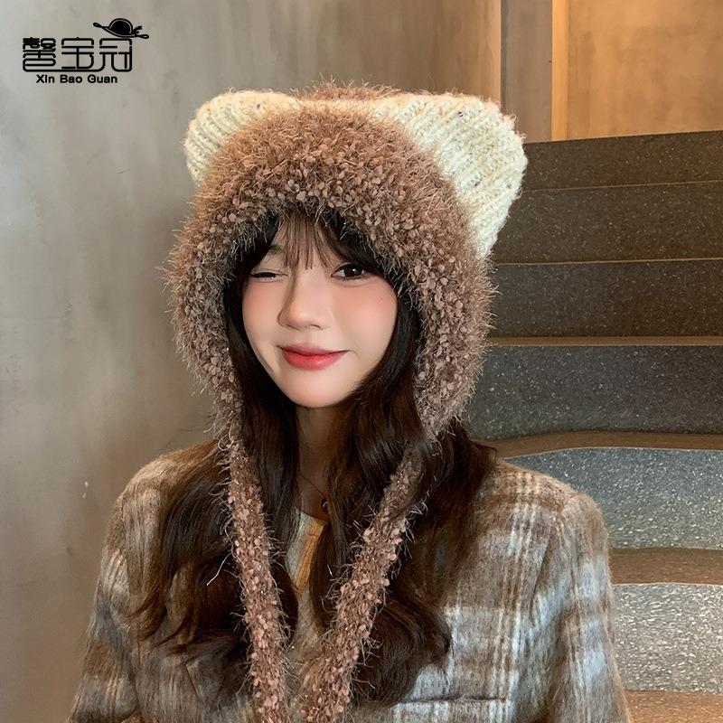 Plush Cute Cat Ear Hat Women's Winter Warm Ear Protection Pullover Hat Showing Face Small Versatile Fashion Knitted Wool Hat