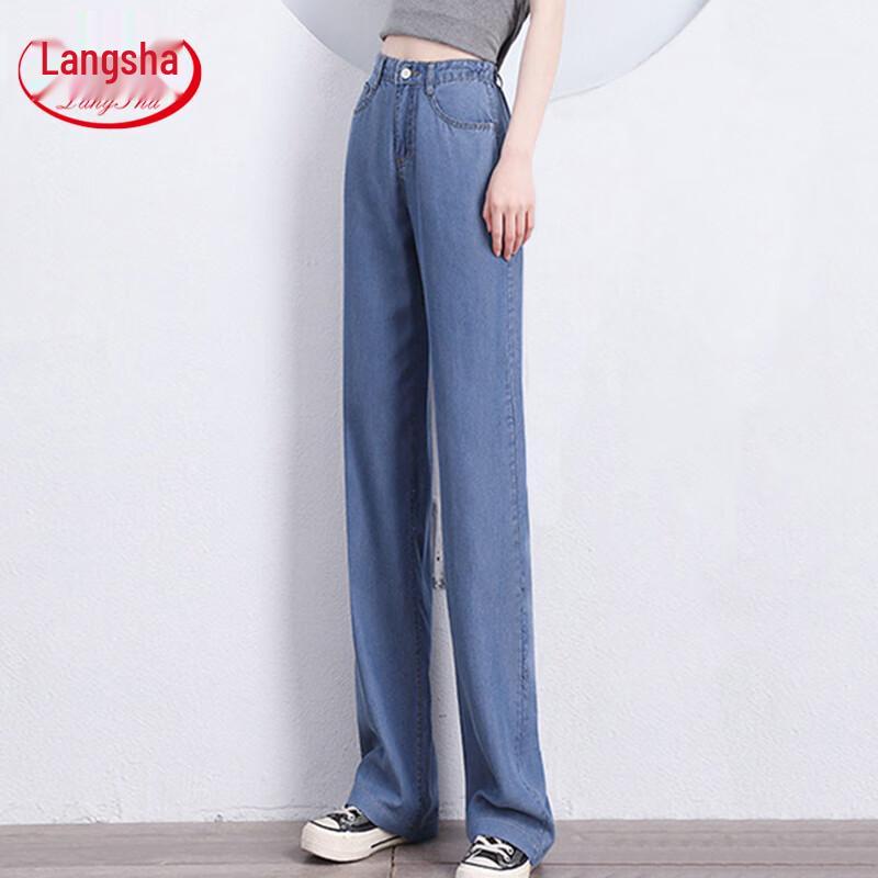Langsha Women s High-Waist Thin Ice Silk Tencel Straight Leg Jeans L (110-120 jin)