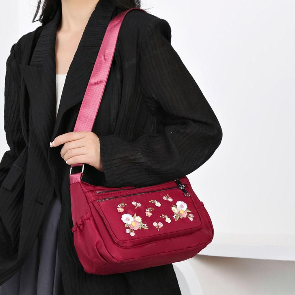 Waterproof Embroidered Oxford Shoulder Bag Multi Pockets Middle Aged Messenger Bag Handbag