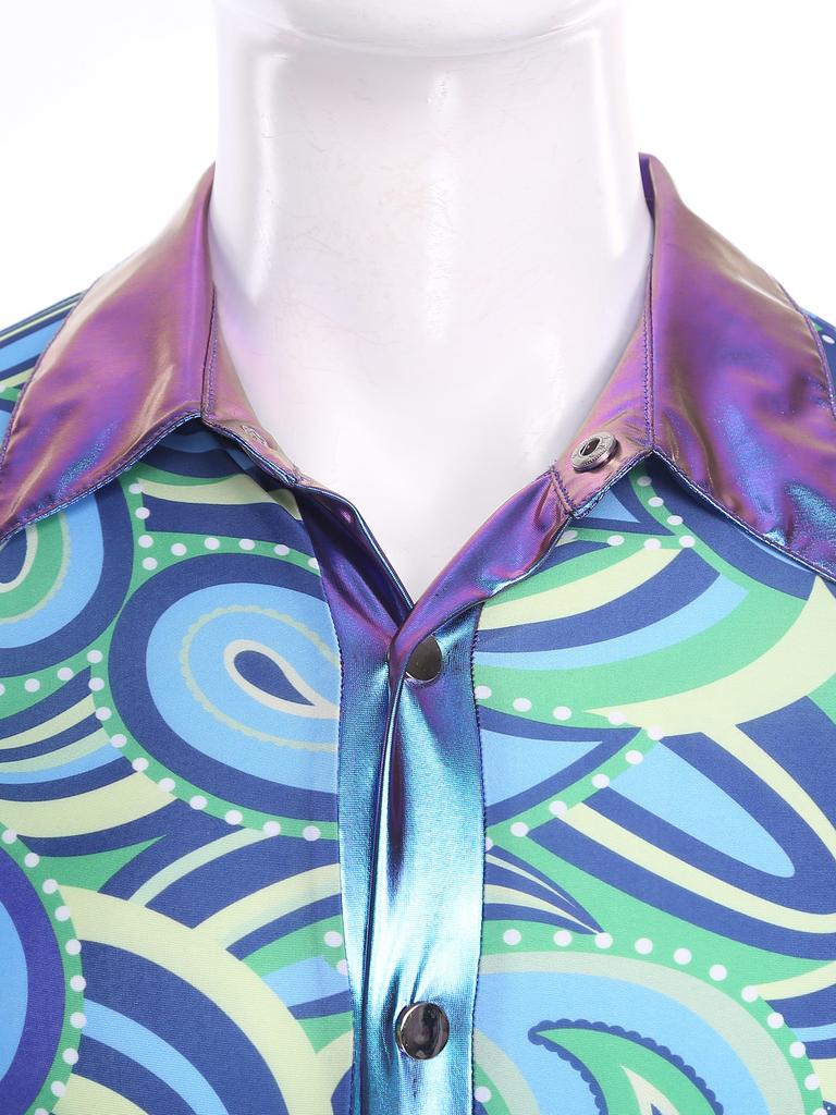 Mens Metallic Bell Bottom Disco Jumpsuit Turn Down Collar Flared Sleeves Printed Bodice Bodysuit Party Costume