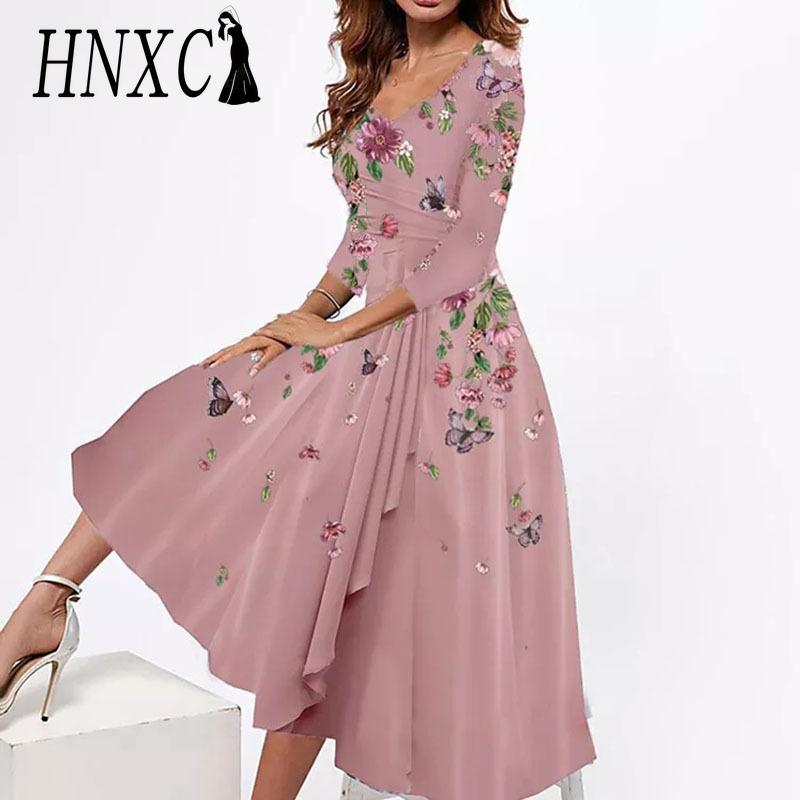 

HNXC Women s Fashion Spring Autumn Floral Print Long Sleeve V-Neck Casual Dresses