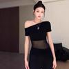 Fashion personality slanted shoulder gauze design irregular hem short-sleeved T-shirt women's pure desire sexy slim slim top