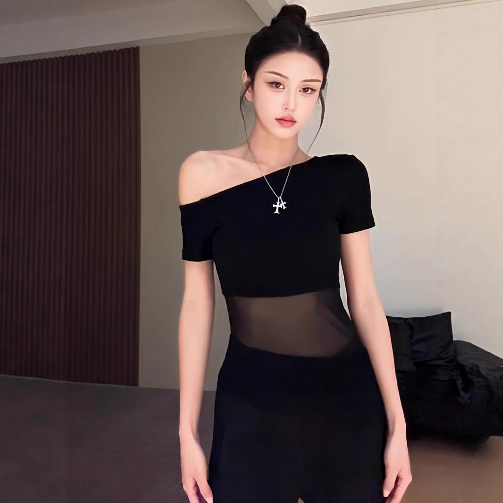 Fashion personality slanted shoulder gauze design irregular hem short-sleeved T-shirt women's pure desire sexy slim slim top