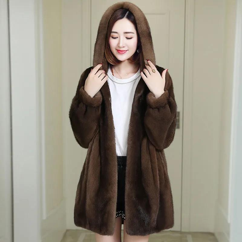 Women's Imitation Mink Fleece Fur Coat Hooded Mid-length Thick Mink Coat Loose