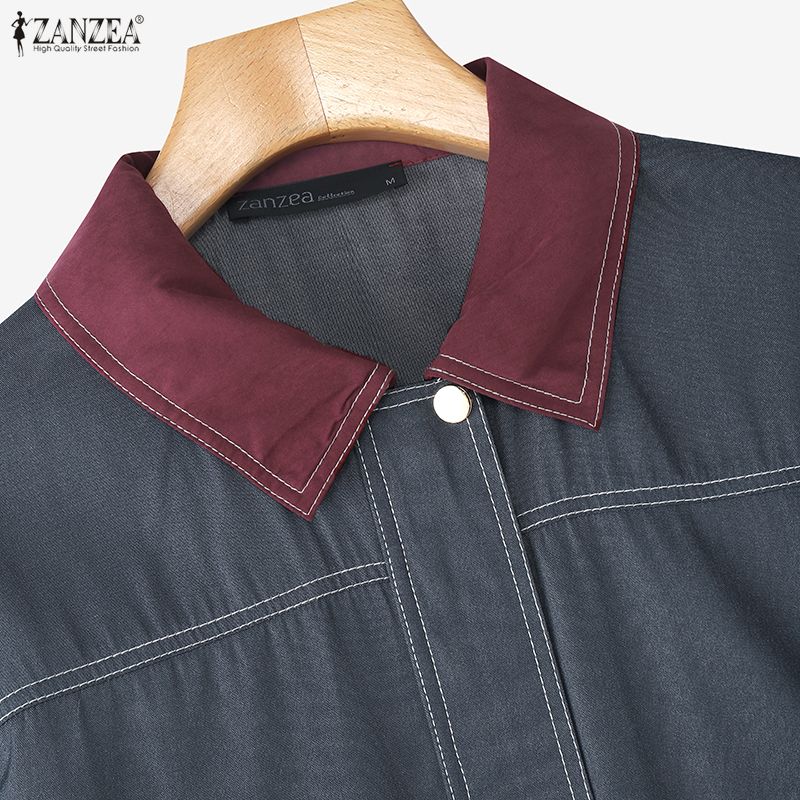 ZANZEA Women Splice Turn Down Collar Casual Long Sleeve Blouse