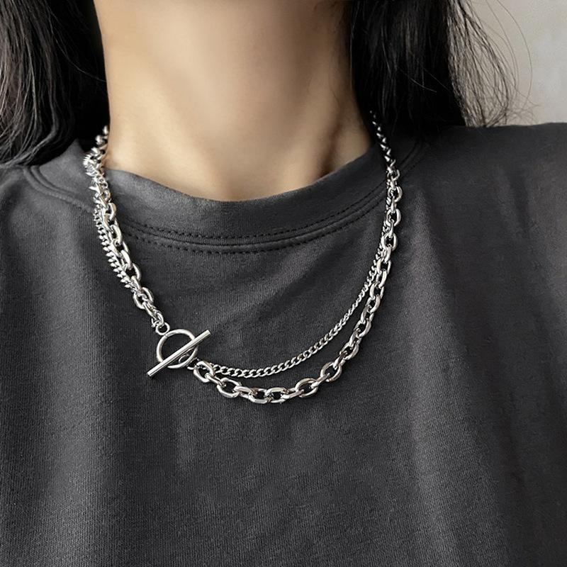 European and American personalized double-layer OT buckle necklace for men and women, simple hip-hop punk thick and thin chain,