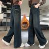 Girls' Medium-Large Plush Denim One-Piece Winter Pants - New Korean Style, Versatile Narrow/Wide Leg Design