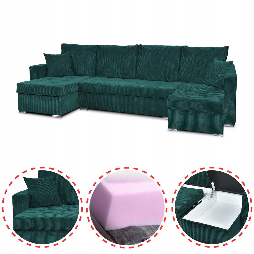 Bonito BIG Corner Sofa Bed Family Meble Corduroy Green
