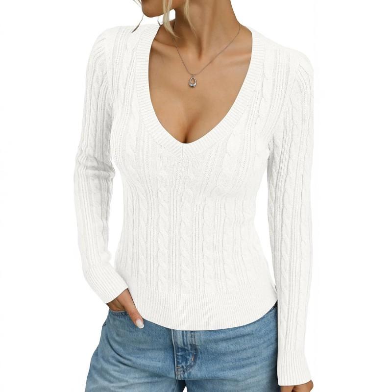 Womens Slim Fit V-Neck Knit Top Long Sleeve Twist Sweater Casual Versatile 2026