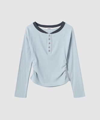 ROIROI Henley Neck Shirred Long Sleeve - Baby Blue