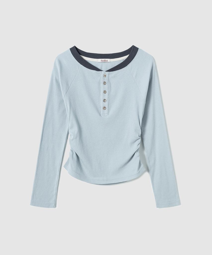 ROIROI Henley Neck Shirred Long Sleeve - Baby Blue
