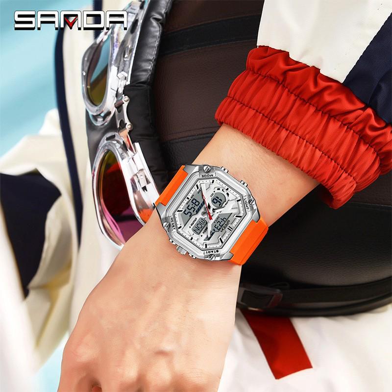 Sanda Men's Multifunctional Waterproof Electronic Watch - Trendy Timer with Dual Display & Three-Time Zone Outdoor Alarm.