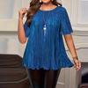 T Shirts For Women Pleated R-Neck Dressy Casual Blouses Printing Short Sleeve Summer Tops Loose Fit