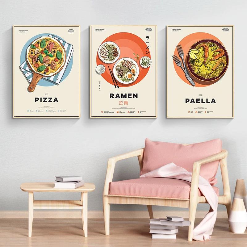 World Cuisine Poster Aesthetics Pizza Ramen Food Wall Art Mural Kawaii Room Decor Home Kitchen Decoration Retro Canvas Painting