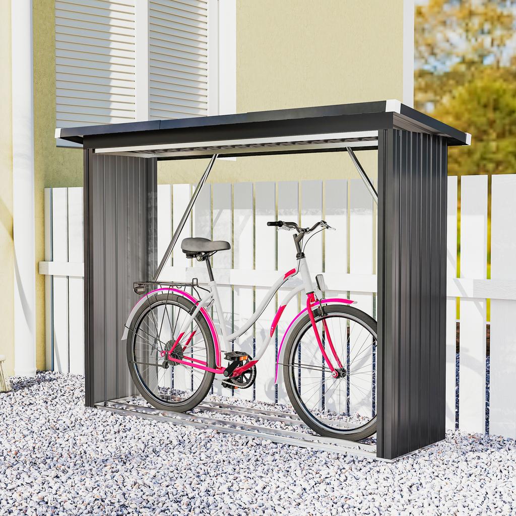 Firewood Shed. Firewood Shelter. Steel. Raised Floor. Sloping Roof. 213 X 66.5 X 150 Cm. Dark Gray