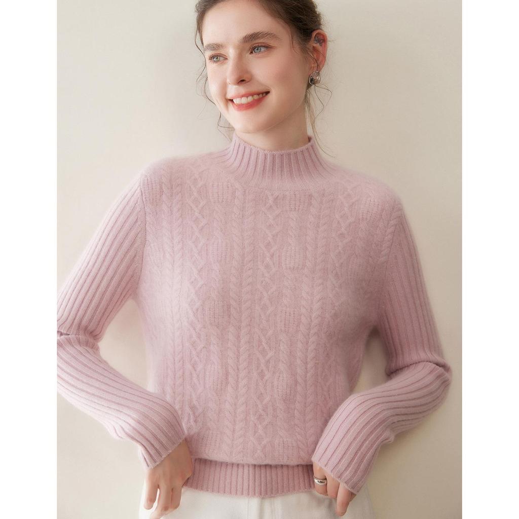 Women's Cable Knit Cashmere Pullover - Thick Half-High Neck Solid Color Sweater for Autumn/Winter