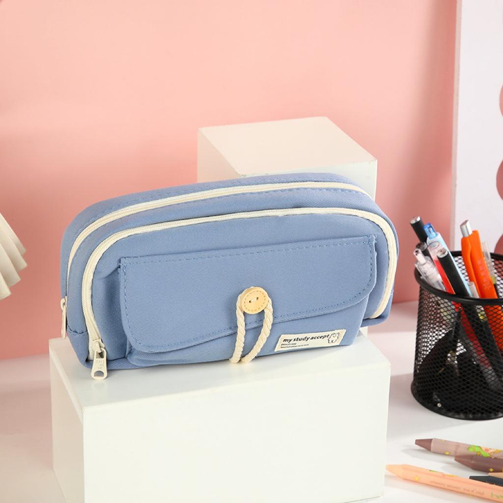Button-layered Pen Case High Appearance Level Large-capacity Canvas Pencil Case Simple Stationery Bag