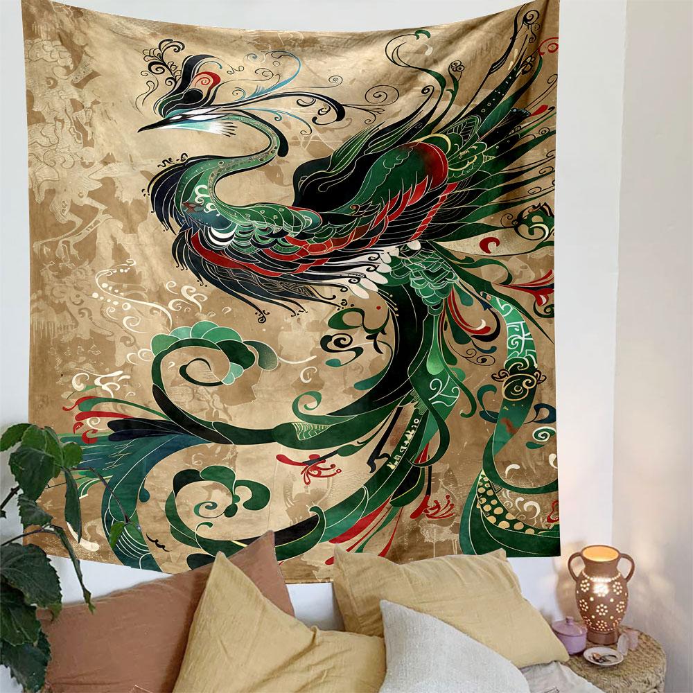 Colorful stylized phoenix with ornate feathers on a textured background. Patterned tapestry for bedroom and living room home decor