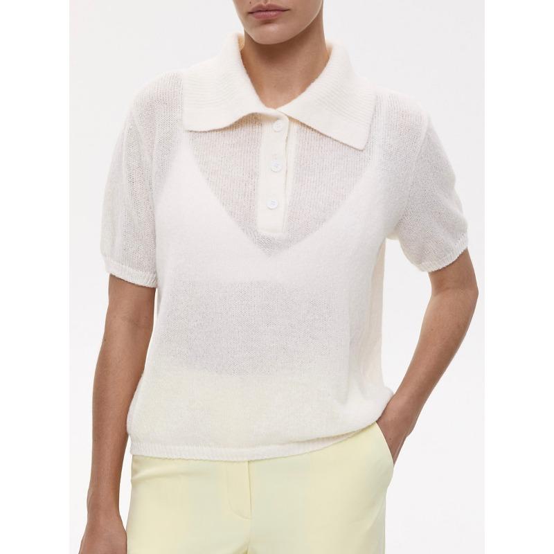 Módní pletený pulovr Dámský svetr s krátkým rukávem 2025 Jaro Léto Klopa Knoflíky Top Jednoduchý Tenký Elegantní Volný Ležérní Kancelářský Pletený Oděv